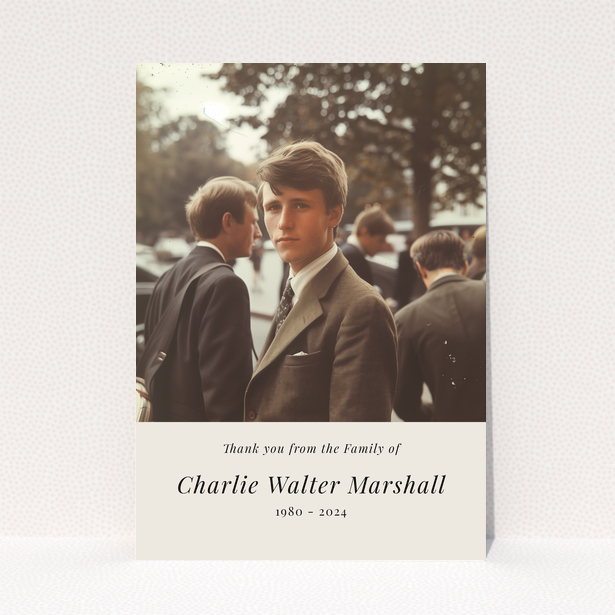 Elegant funeral thank you card with vintage-style photo of a young man in a suit and tie