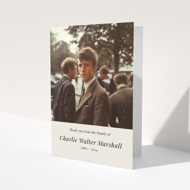 Elegant funeral thank you card with vintage-style photo of a young man in a suit and tie
