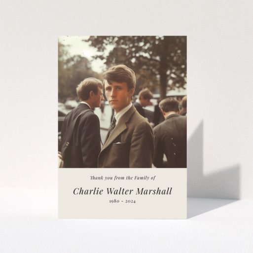 Elegant funeral thank you card with vintage-style photo of a young man in a suit and tie