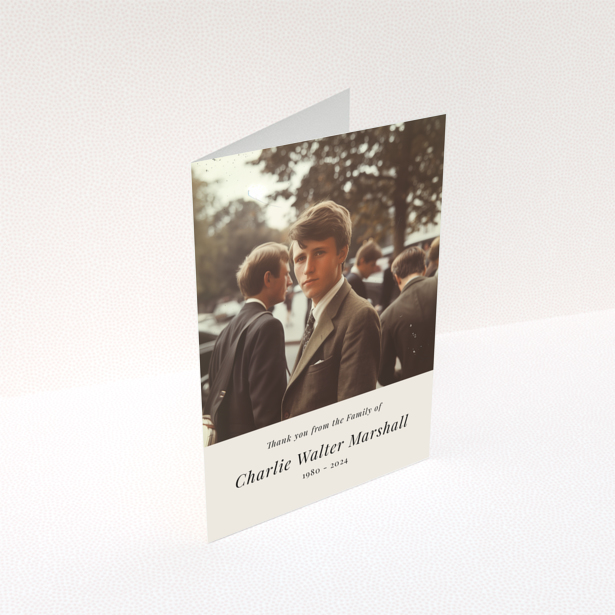 Elegant funeral thank you card with vintage-style photo of a young man in a suit and tie