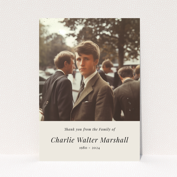 Elegant funeral thank you card with vintage-style photo of a young man in a suit and tie