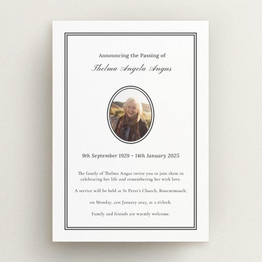 Elegant Funeral Announcement Elegant funeral announcement card design featuring one photo, suitable for commemorating loved ones.