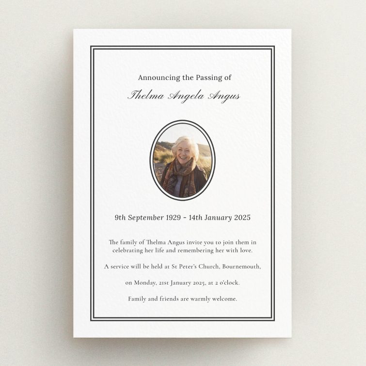Elegant funeral announcement card design featuring one photo, suitable for commemorating loved ones.