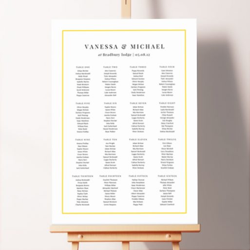 Simple and Elegant Seating Plan - Classic Minimalism, featuring a primarily white design with a thin bright yellow border, timeless black font colour, and classic typefaces, creating an elegant and timeless look for your wedding.. This one has 16 tables.