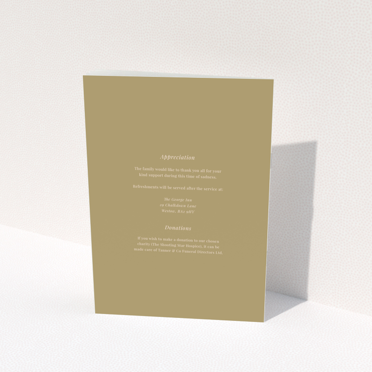 Funeral order of service program back page design with appreciation and donation details no photos portrait