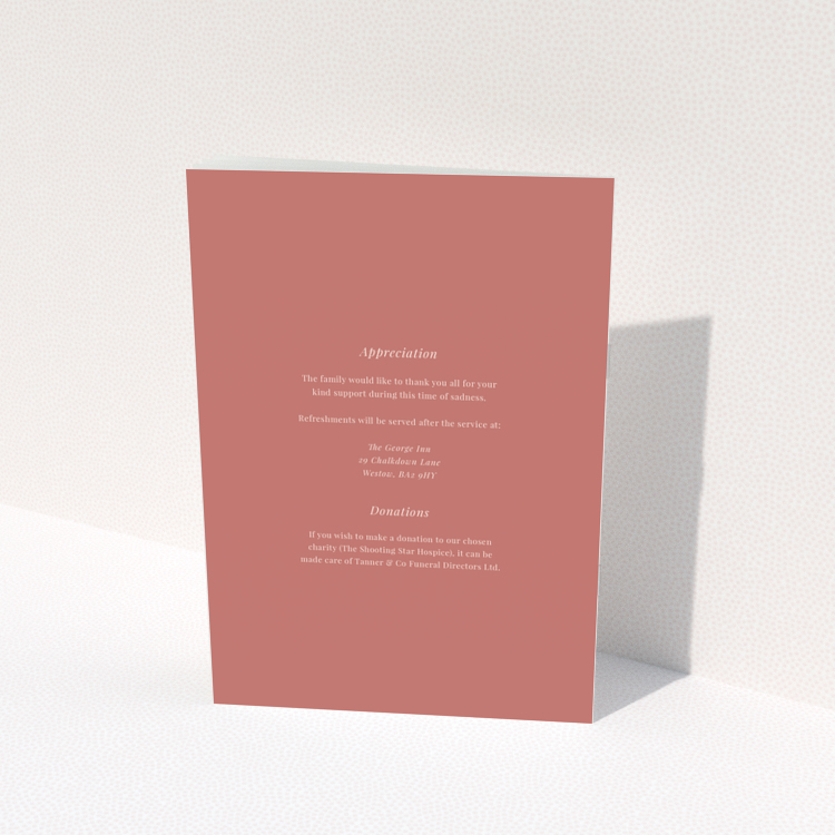 Funeral order of service program design with appreciation and donations section on the back page, no photos, design name Portrait