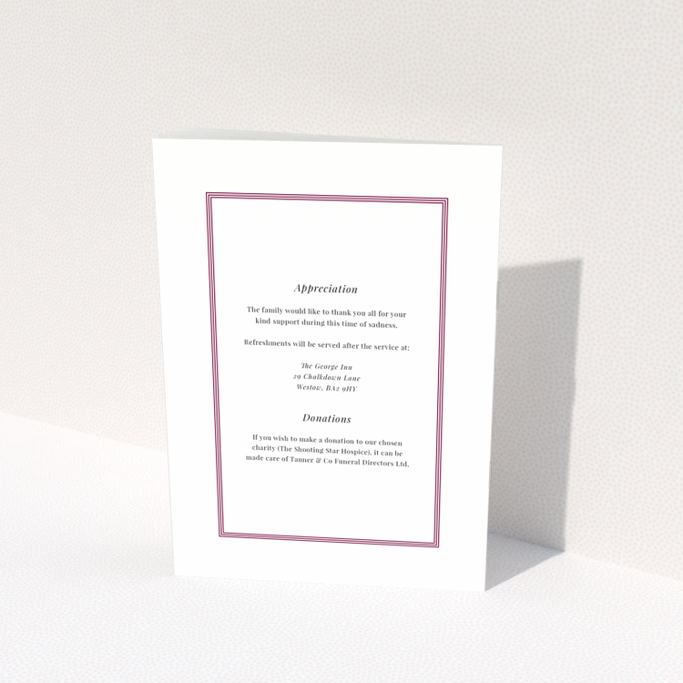 Funeral order of service program design named Portrait with bordered text and no photos on the back page.