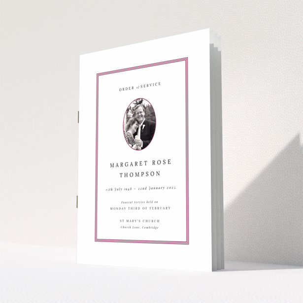 Funeral order of service program design named Portrait with bordered text and no photos on the back page.