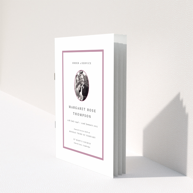 Funeral order of service program design named Portrait with bordered text and no photos on the back page.