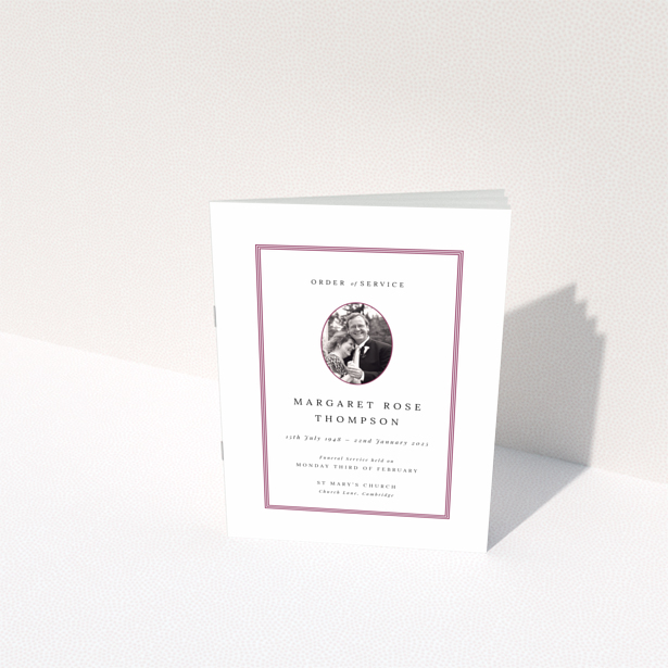 Funeral order of service program design named Portrait with bordered text and no photos on the back page.