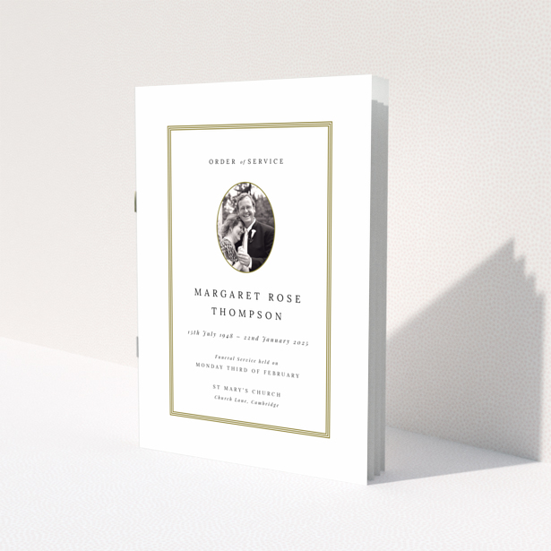 Elegant funeral order of service program design with one photo in a classic layout for a personalised memorial.