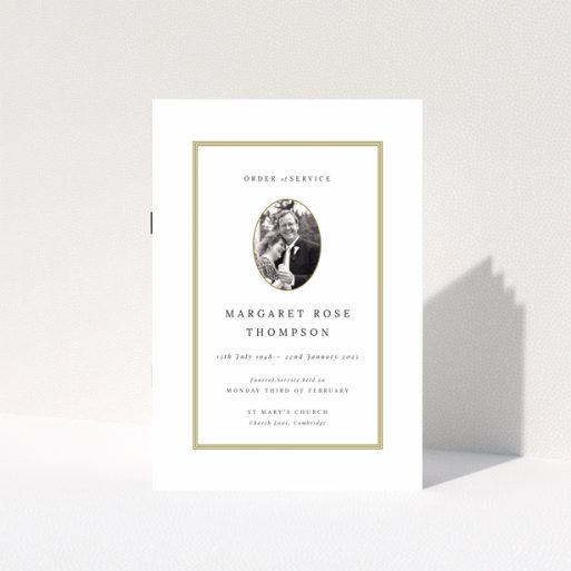 Elegant funeral order of service program design with one photo in a classic layout for a personalised memorial.