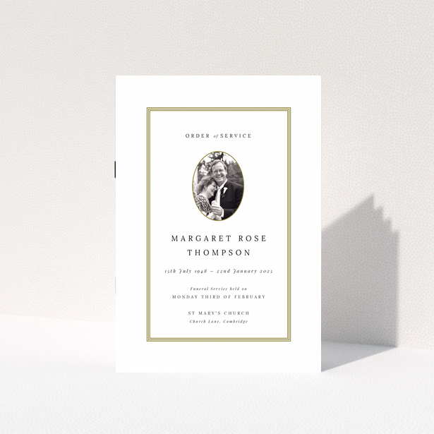 Elegant funeral order of service program design with one photo in a classic layout for a personalised memorial.