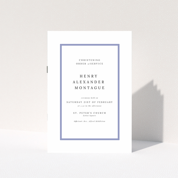 Christening order of service programme with no photos, featuring a simple and elegant blue and white border design.