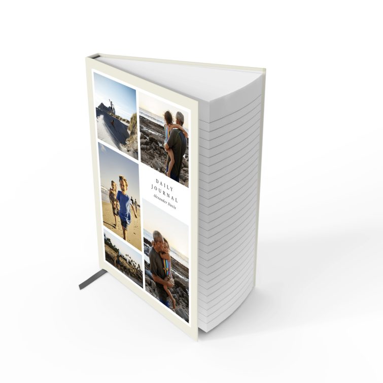 Personalised daily journal notebook design with five photos on the cover, ideal for custom printed stationery by Utterly Printable.