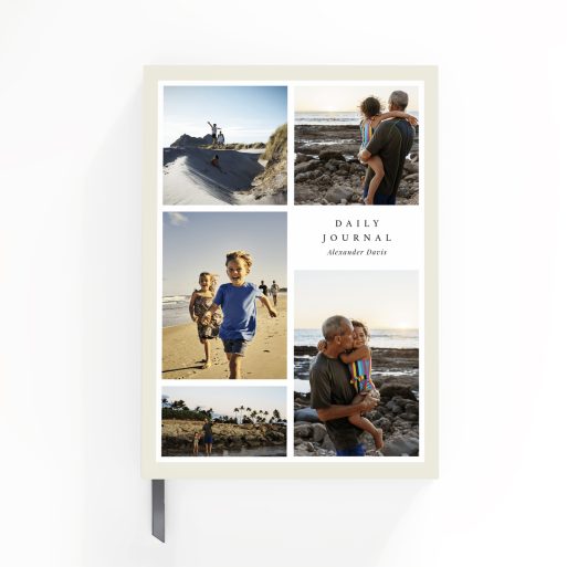 Personalised daily journal notebook design with five photos on the cover, ideal for custom printed stationery by Utterly Printable.