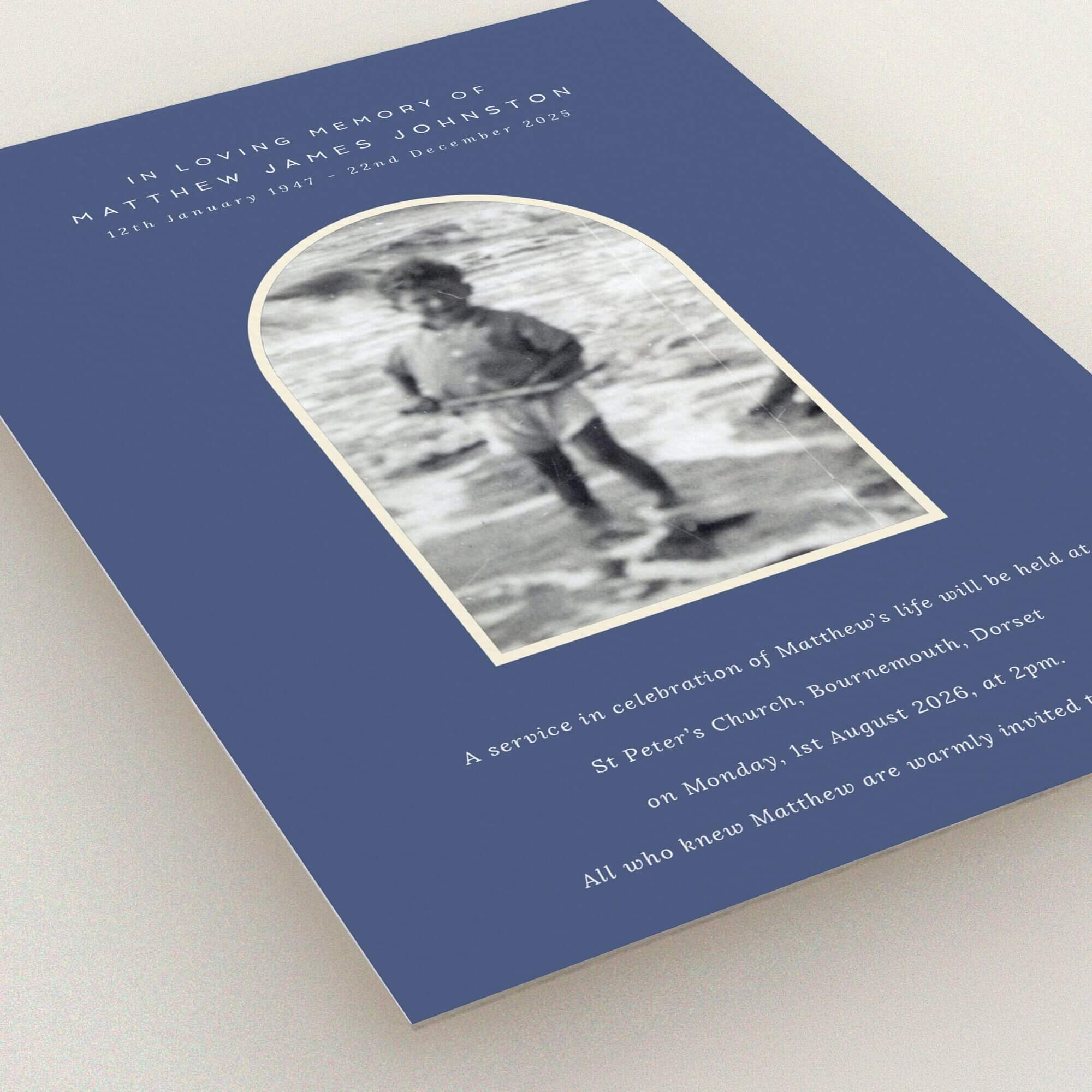 Funeral announcement design with one photo on a blue background for a memorial service.