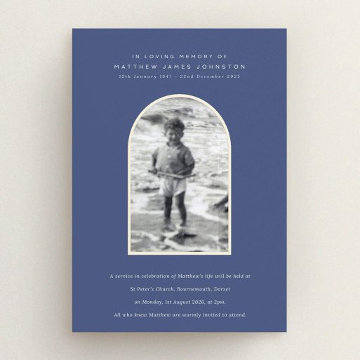 Funeral announcement design with one photo on a blue background for a memorial service.