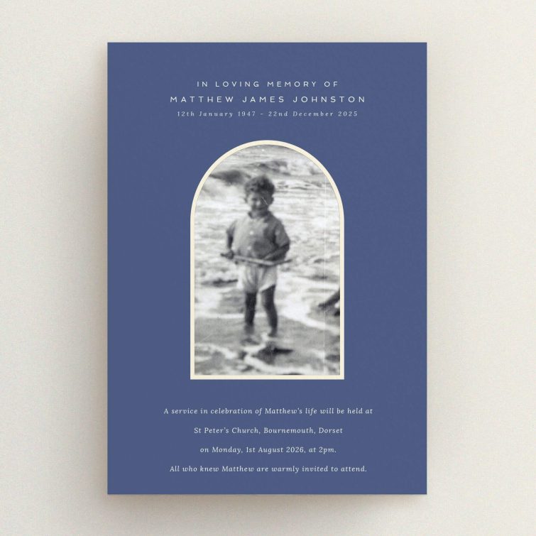 Funeral announcement design with one photo on a blue background for a memorial service.