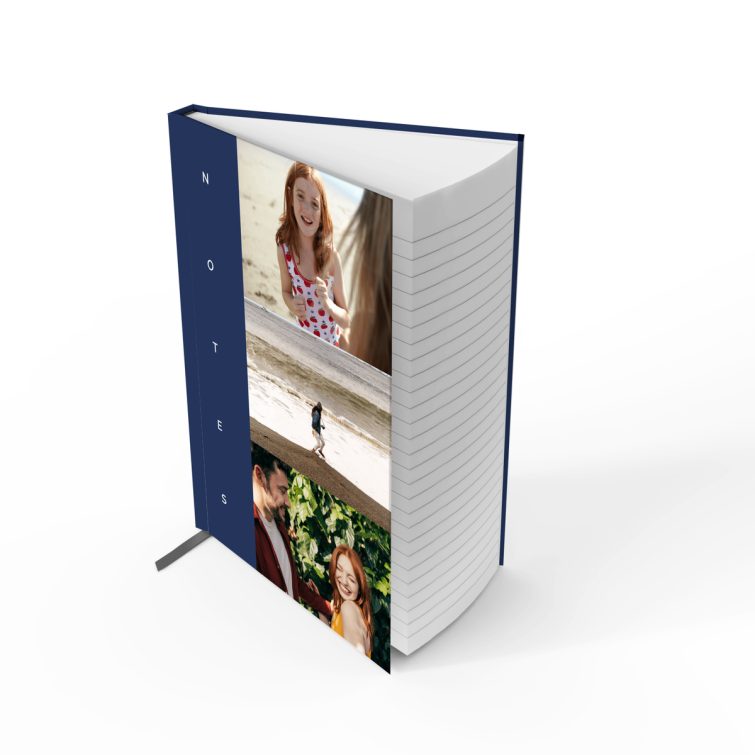 Portrait notebook cover design with blue background and three photos, by Utterly Printable.