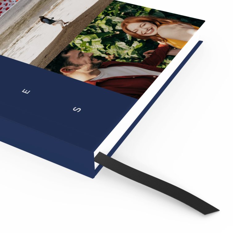 Portrait notebook cover design with blue background and three photos, by Utterly Printable.