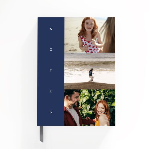 Portrait notebook cover design with blue background and three photos, by Utterly Printable.