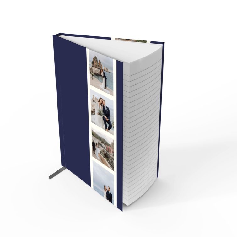 Custom wedding design notebooks with six photos on a full cover spread.