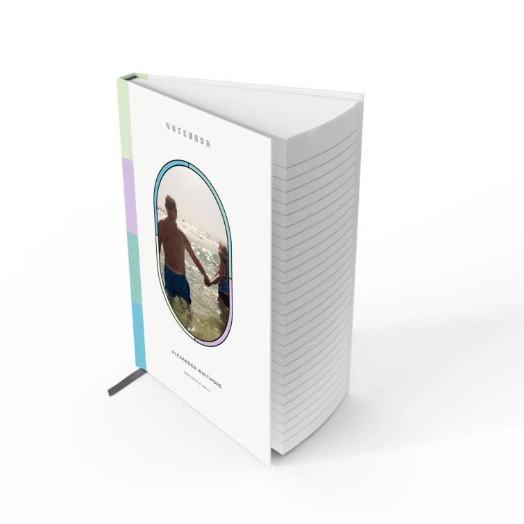 Colourful personalised notebook cover design with one photo, ideal for custom printing by Utterly Printable.