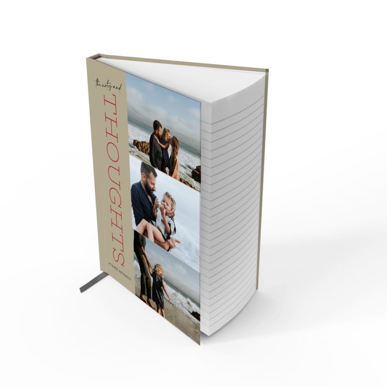 Portrait notebook cover design with three photos, perfect for personalising with Utterly Printable's unique style.