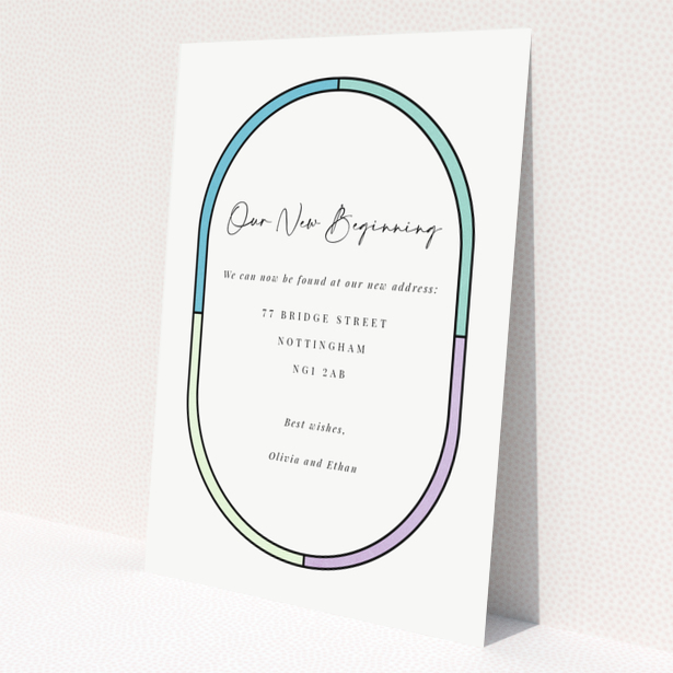 Change of address card with colourful border design and elegant script text, no photos present.