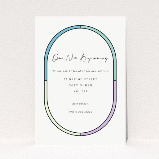 Change of address card with colourful border design and elegant script text, no photos present.