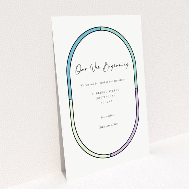 Change of address card with colourful border design and elegant script text, no photos present.