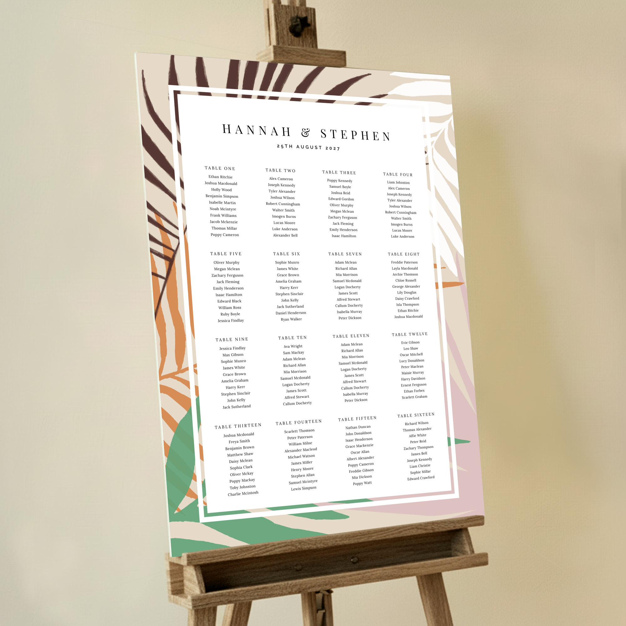 Custom Colourful Canopy Seating Charts featuring an abstract design with a jungle vibe, showcasing a border of jungle leaves in bright, bold colours including pink, green, orange, brown, and white on a dark cream background, adding a vibrant touch to your wedding celebration and creating a lively atmosphere.. This one shows 16 tables.