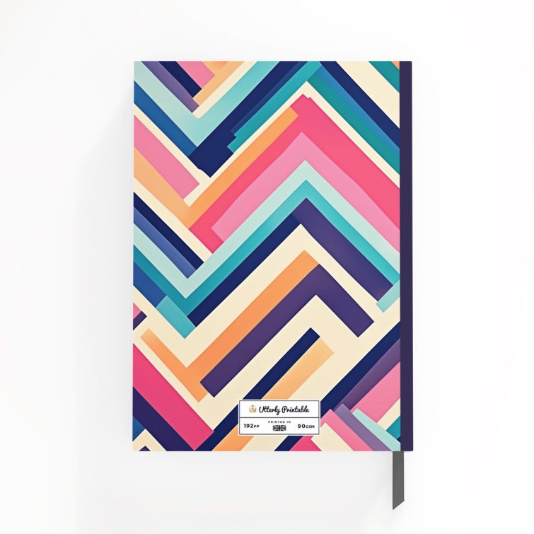 Colourful geometric patterned notebooks cover design with no photos, featuring front and back covers by Utterly Printable.