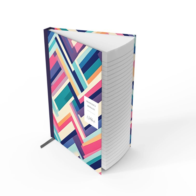 Colourful geometric patterned notebooks cover design with no photos, featuring front and back covers by Utterly Printable.