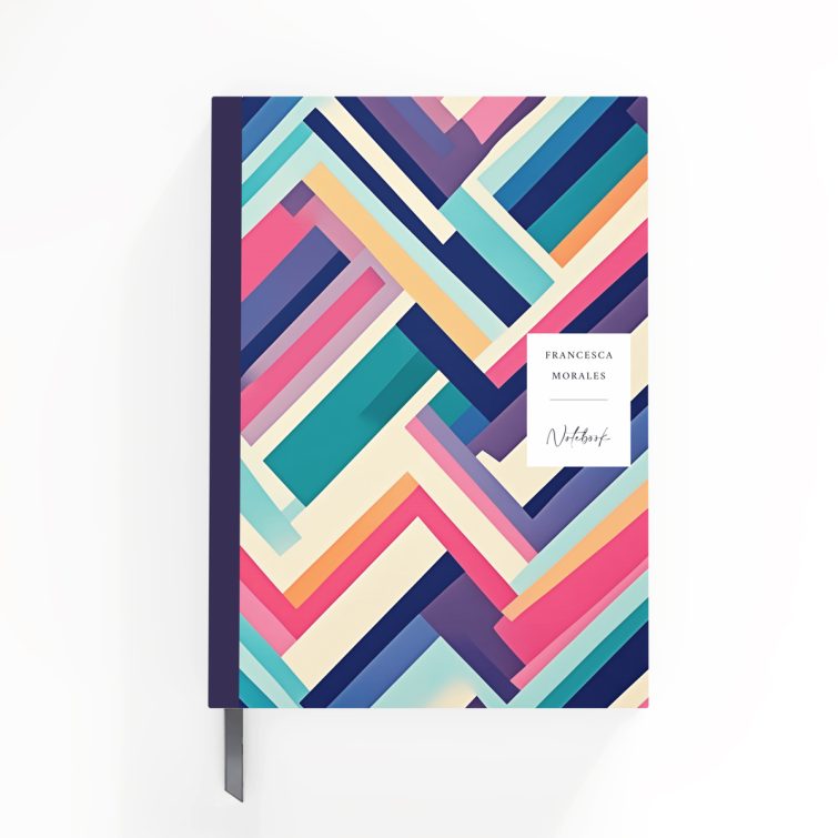 Colourful geometric patterned notebooks cover design with no photos, featuring front and back covers by Utterly Printable.