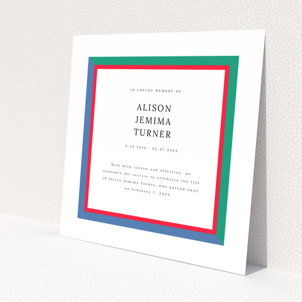 Funeral announcement with a colourful geometric border design, no photos present