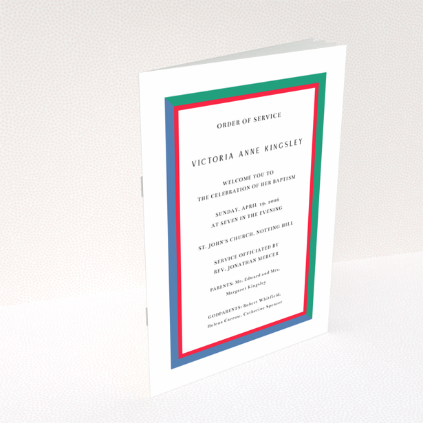 Christening order of service program - reverse side design featuring bold colourful borders, one photo placeholder - Portrait