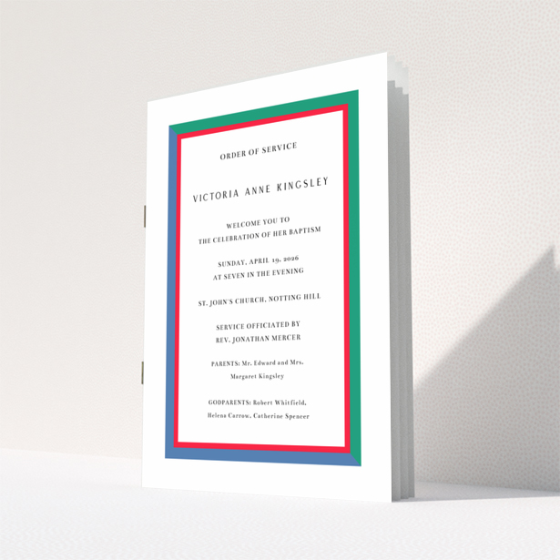 Christening order of service program - reverse side design featuring bold colourful borders, one photo placeholder - Portrait