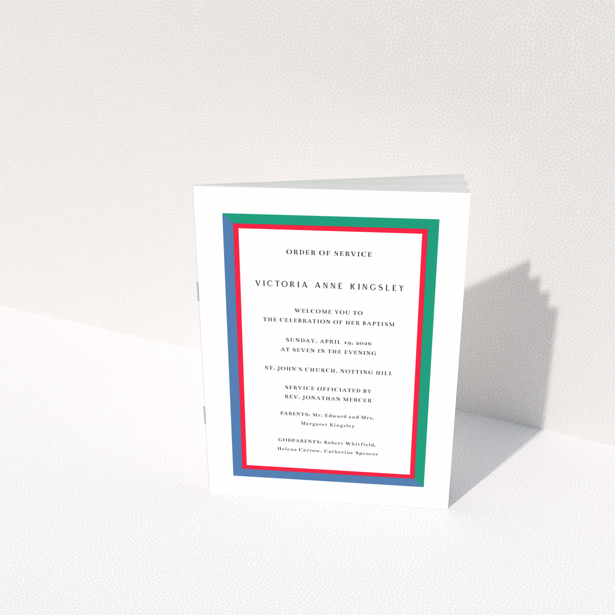 Christening order of service program - reverse side design featuring bold colourful borders, one photo placeholder - Portrait