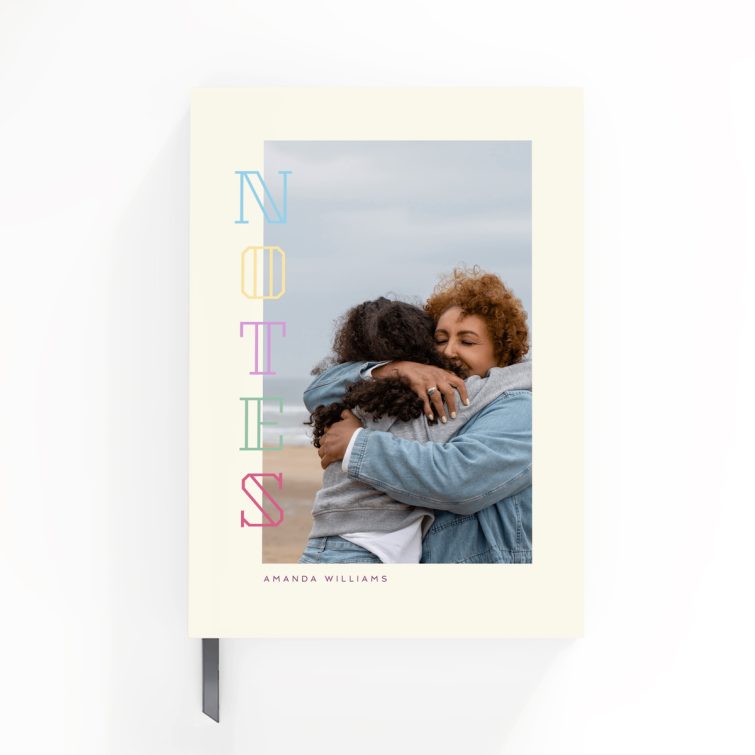 Colourful personalised portrait notebooks with one photo on the cover design by Utterly Printable.