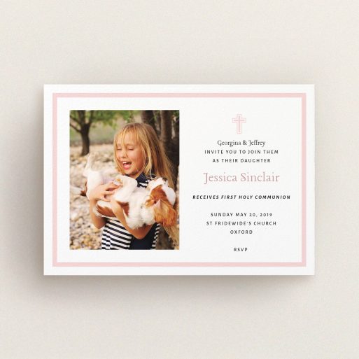 Communion Invitation Design - "Baby Pink Cross" A communion invitation template titled "Baby Pink Cross". It is an A6 invite in a landscape orientation. It is a photographic communion invitation with room for 1 photo. "Baby Pink Cross" is available as a flat invite, with tones of pink and white.