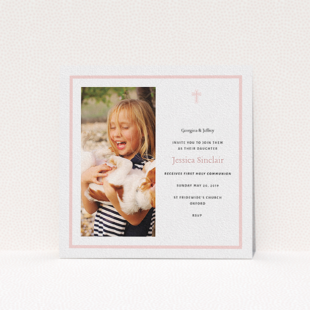 A communion invitation called "Baby Pink Cross". It is a square (148mm x 148mm) invite in a square orientation. It is a photographic communion invitation with room for 1 photo. "Baby Pink Cross" is available as a flat invite, with tones of pink and white.
