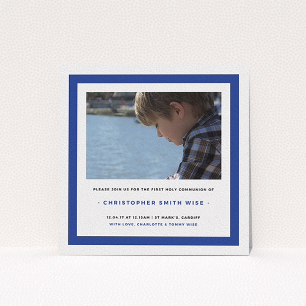 A communion invitation design called "Big Blue". It is a square (148mm x 148mm) invite in a square orientation. It is a photographic communion invitation with room for 1 photo. "Big Blue" is available as a flat invite, with tones of blue and white.