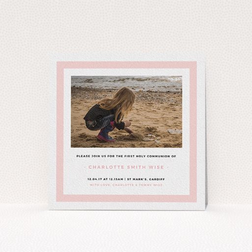 A communion invitation design named "Big Pink". It is a square (148mm x 148mm) invite in a square orientation. It is a photographic communion invitation with room for 1 photo. "Big Pink" is available as a flat invite, with tones of pink and white.