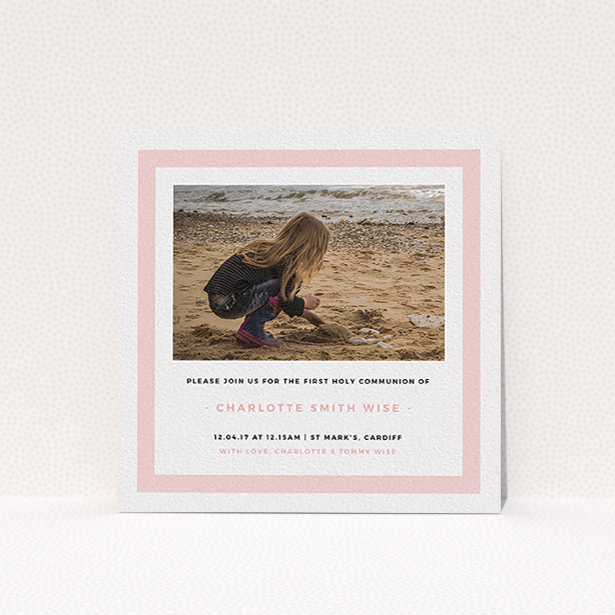 A communion invitation design named "Big Pink". It is a square (148mm x 148mm) invite in a square orientation. It is a photographic communion invitation with room for 1 photo. "Big Pink" is available as a flat invite, with tones of pink and white.