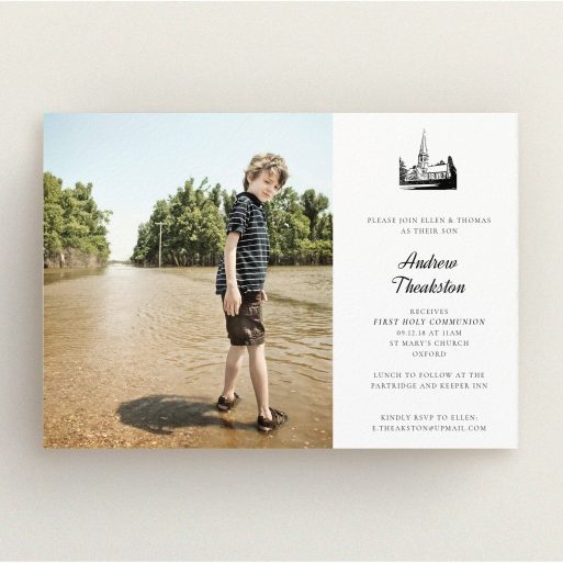 Communion Invitation Design - "Church Stamp" A communion invitation template titled "Church Stamp". It is an A5 invite in a landscape orientation. It is a photographic communion invitation with room for 1 photo. "Church Stamp" is available as a flat invite, with mainly white colouring.