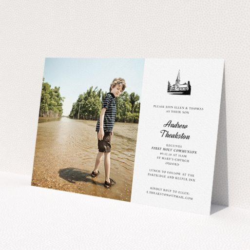 A communion invitation template titled 'Church Stamp'. It is an A5 invite in a landscape orientation. It is a photographic communion invitation with room for 1 photo. 'Church Stamp' is available as a flat invite, with mainly white colouring.
