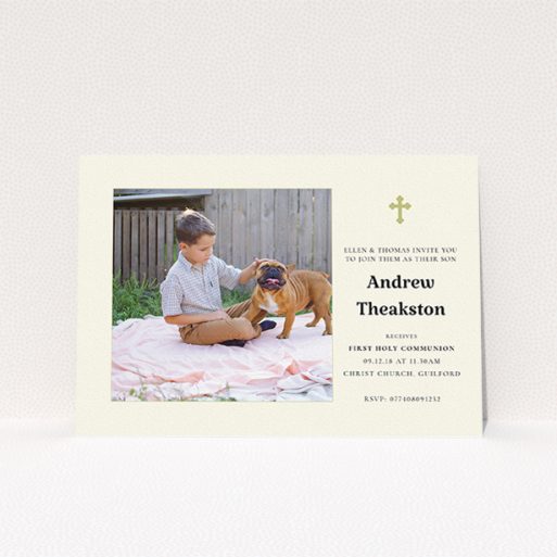 A communion invitation design titled "Cream and Gold". It is an A5 invite in a landscape orientation. It is a photographic communion invitation with room for 1 photo. "Cream and Gold" is available as a flat invite, with tones of cream and gold.