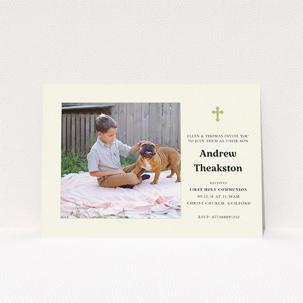 A communion invitation design titled "Cream and Gold". It is an A5 invite in a landscape orientation. It is a photographic communion invitation with room for 1 photo. "Cream and Gold" is available as a flat invite, with tones of cream and gold.